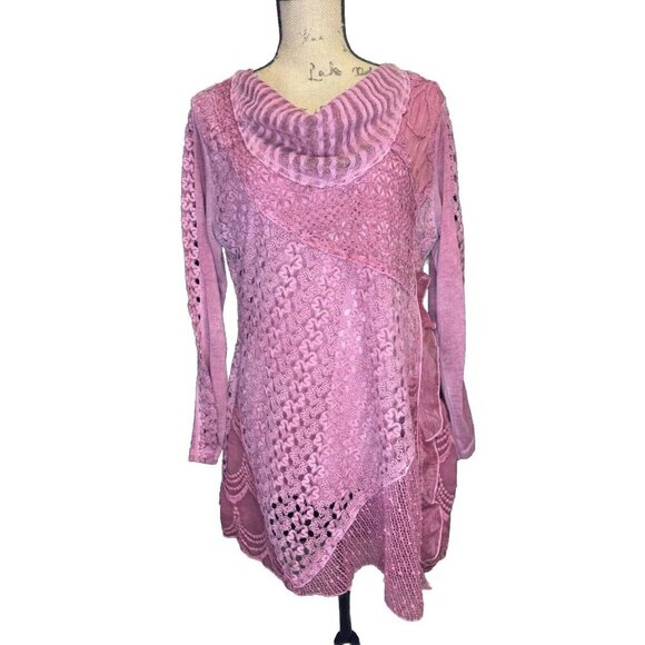 Womens Tunic Blouse Mauve Pink Floral Lace Cowl Asymmetric Fairy Lagenlook LARGE - Picture 3 of 13